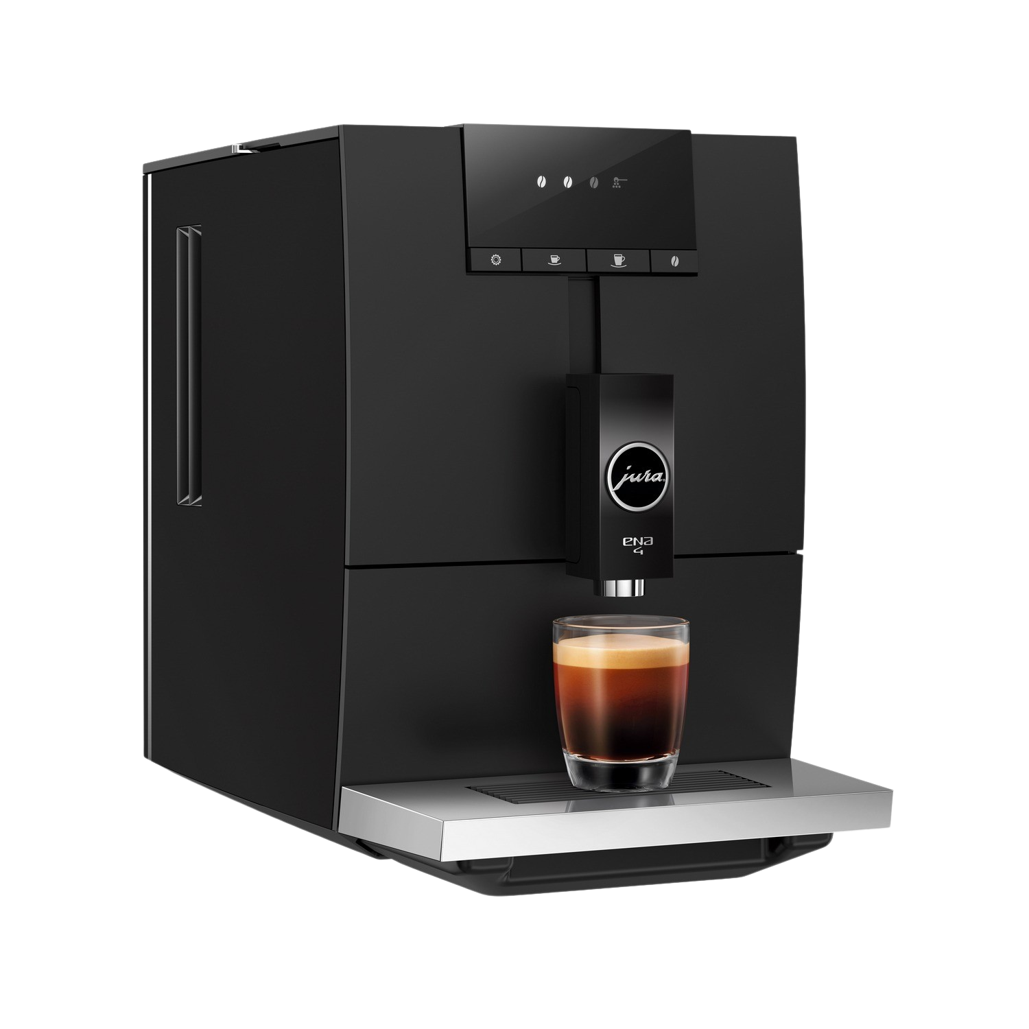 Black Jura coffee machine with a glass of espresso and buttons.