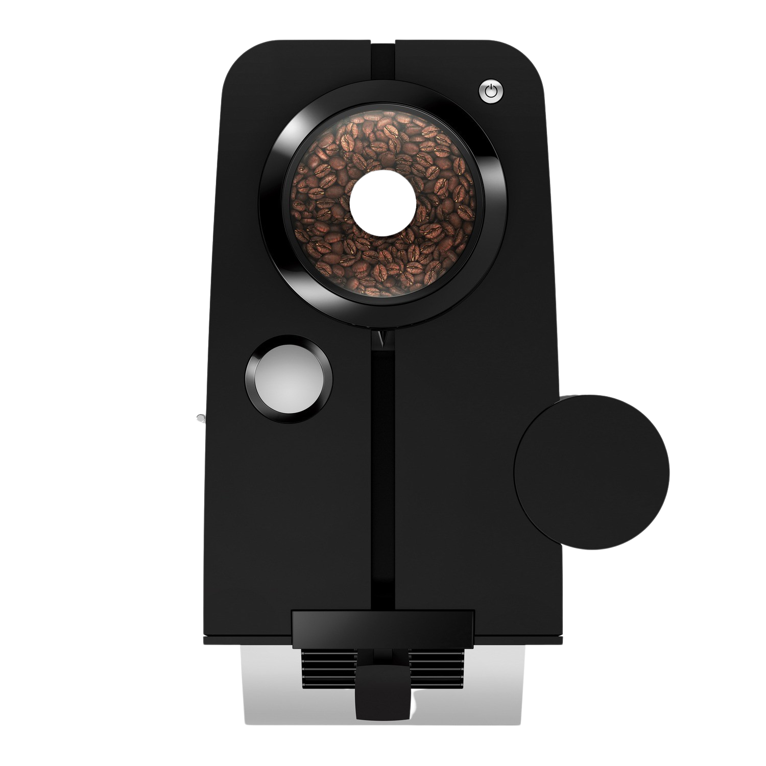 Black coffee machine with coffee beans inside. Round button and silver base.