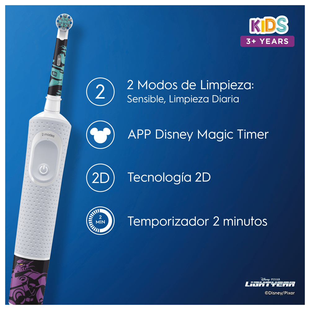 Cepillo de dientes eléctrico blanco y morado para niños. Texto en español en el lateral.