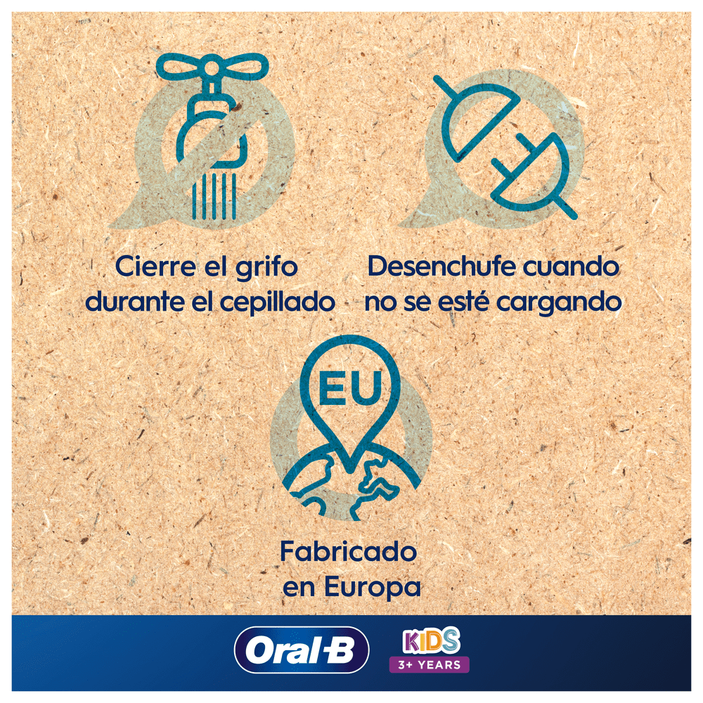 Tres iconos con texto en español: cerrar grifo, desenchufar, fabricado en Europa.