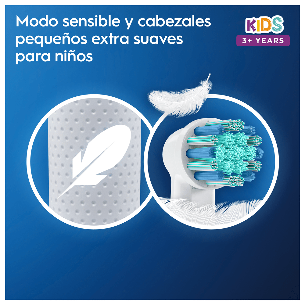 Primer plano de un cabezal de cepillo de dientes blanco con cerdas azules y verdes. Una pluma está cerca.