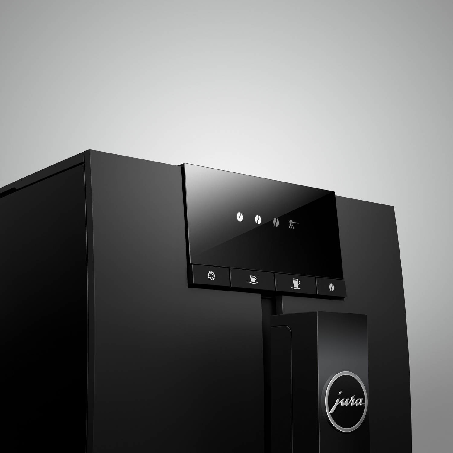 Black espresso machine with a display showing coffee icons, gray background.