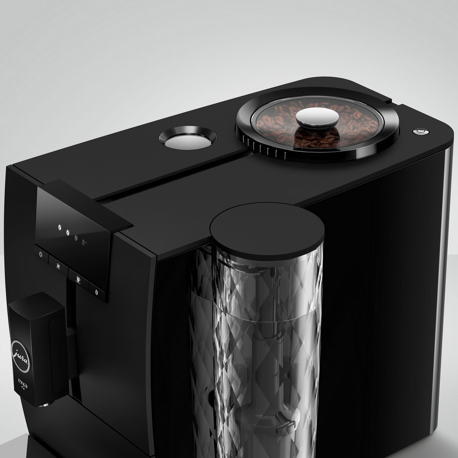 Black coffee machine with a transparent bean container.