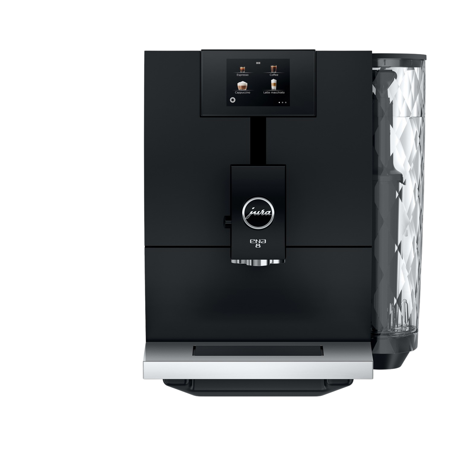 A black Jura ENA 8 coffee machine with a coffee cup under the spout.