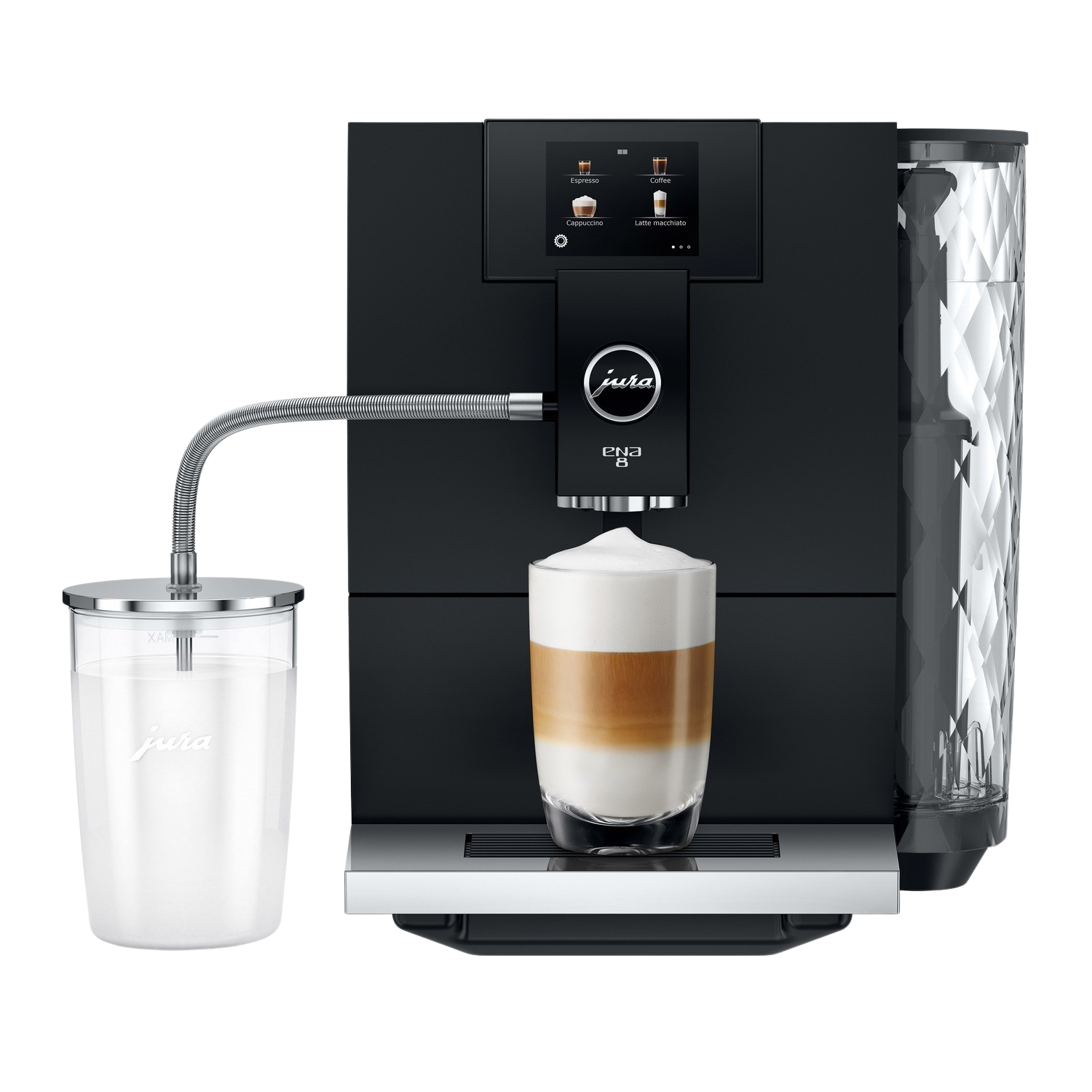 Black Jura PNA 8 coffee machine. A glass has a latte.