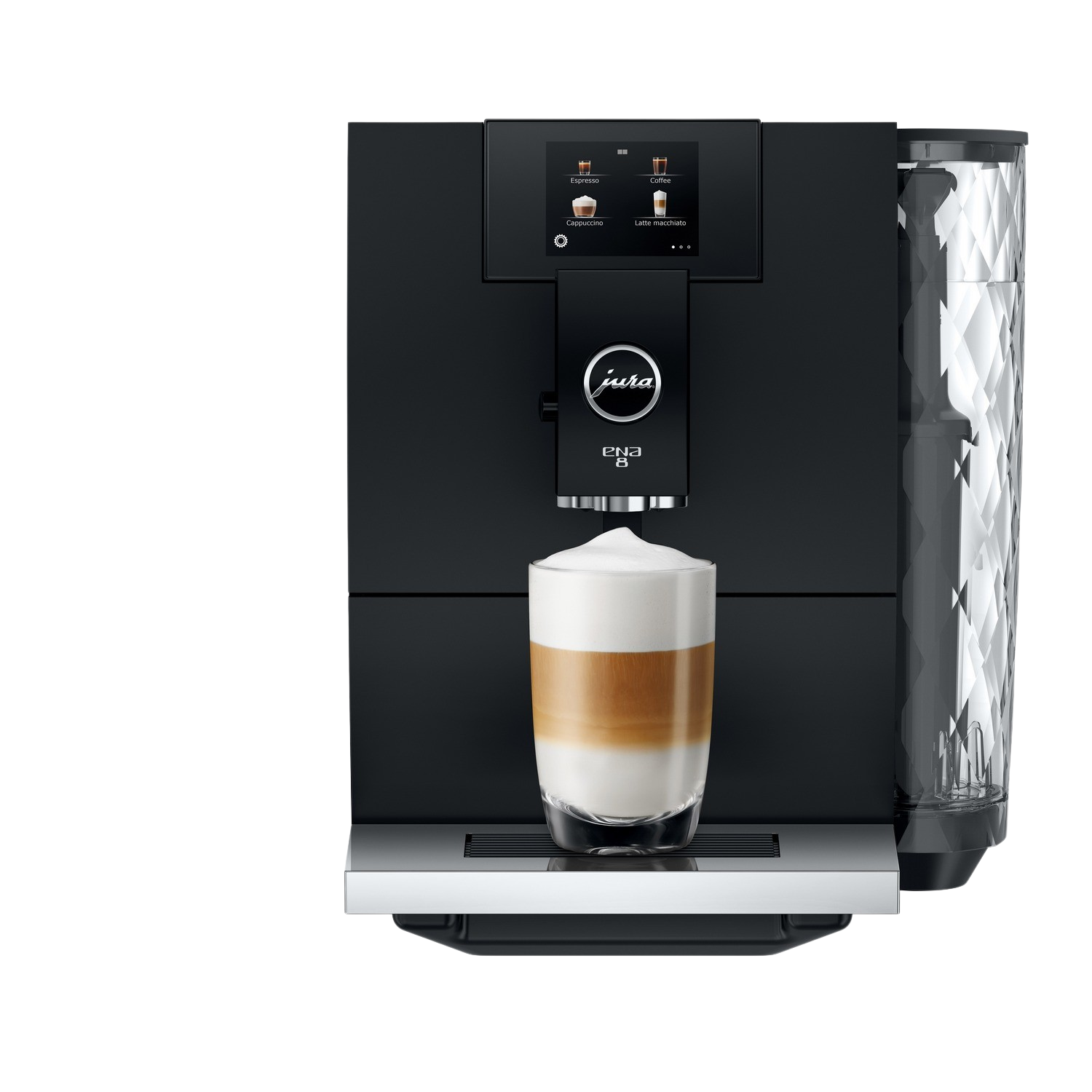 A black Jura ENA 8 coffee machine making a latte macchiato. A glass with layers of coffee and foam.