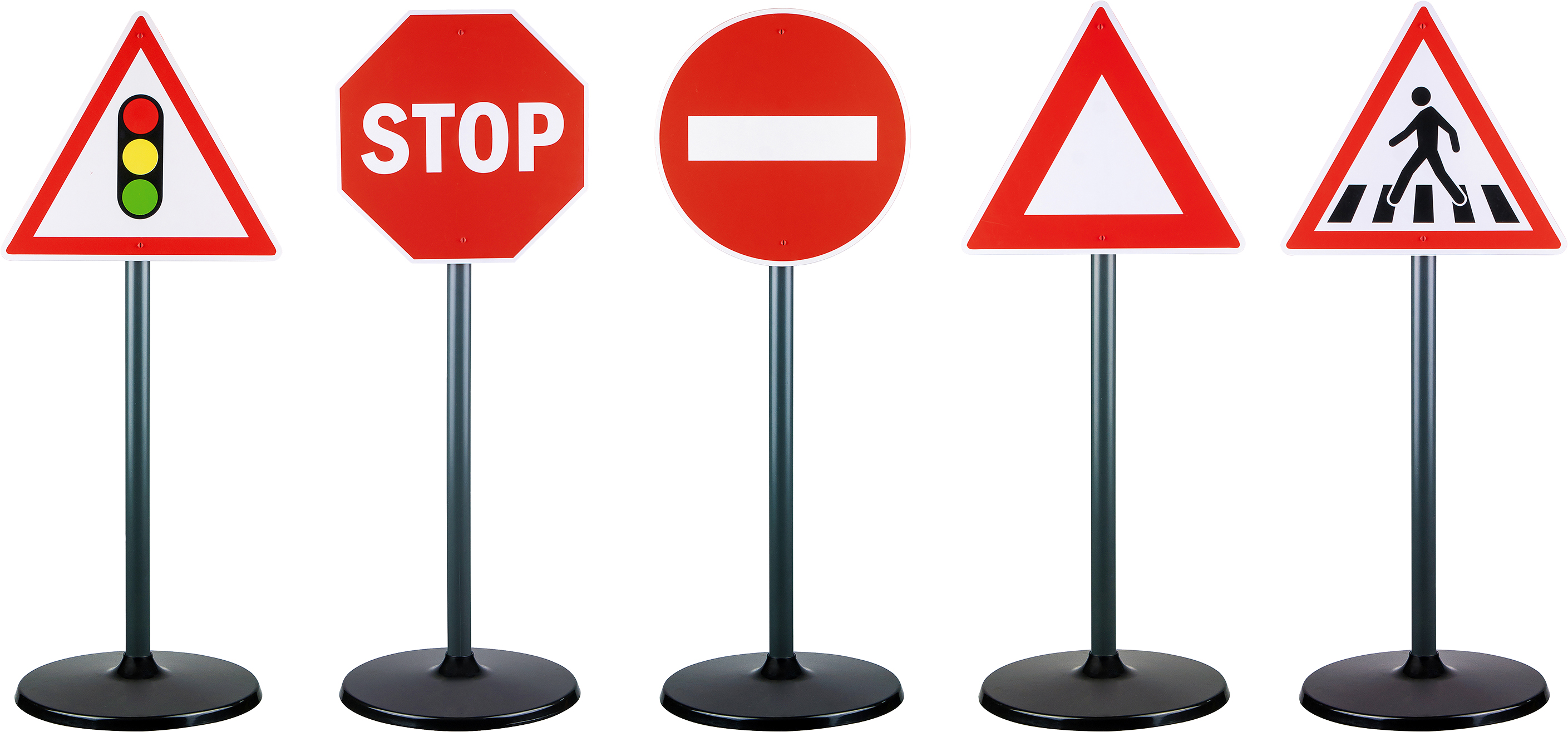 Verkehrszeichen: Ampel, Stopp, Einfahrt verboten, Warnung und Fußgängerüberweg. Weißer Hintergrund.