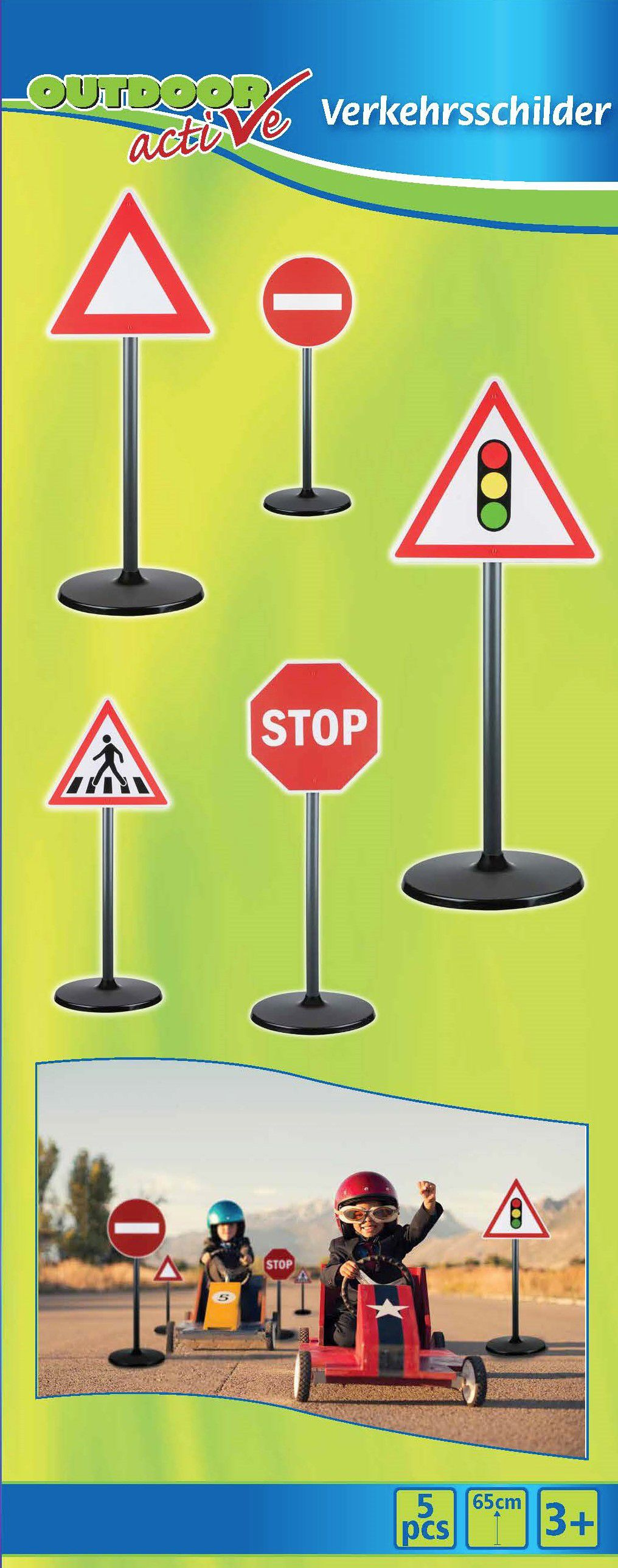 Verkehrszeichen-Set mit rot-weißen Schildern sowie eine Straßenszene mit Spielzeugautos und Kindern.