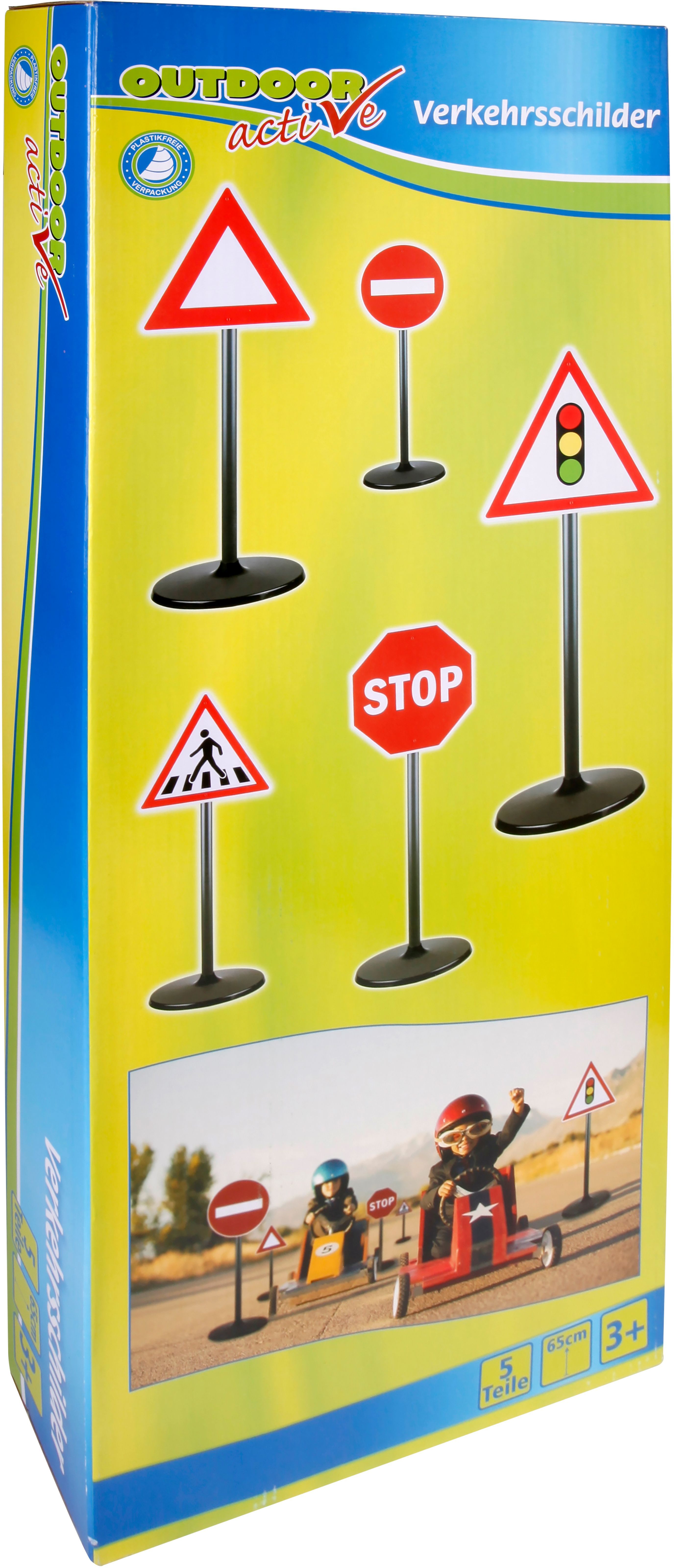 Eine Box mit Spielzeug-Verkehrszeichen und einem Bild von Kindern, die mit den Schildern spielen.