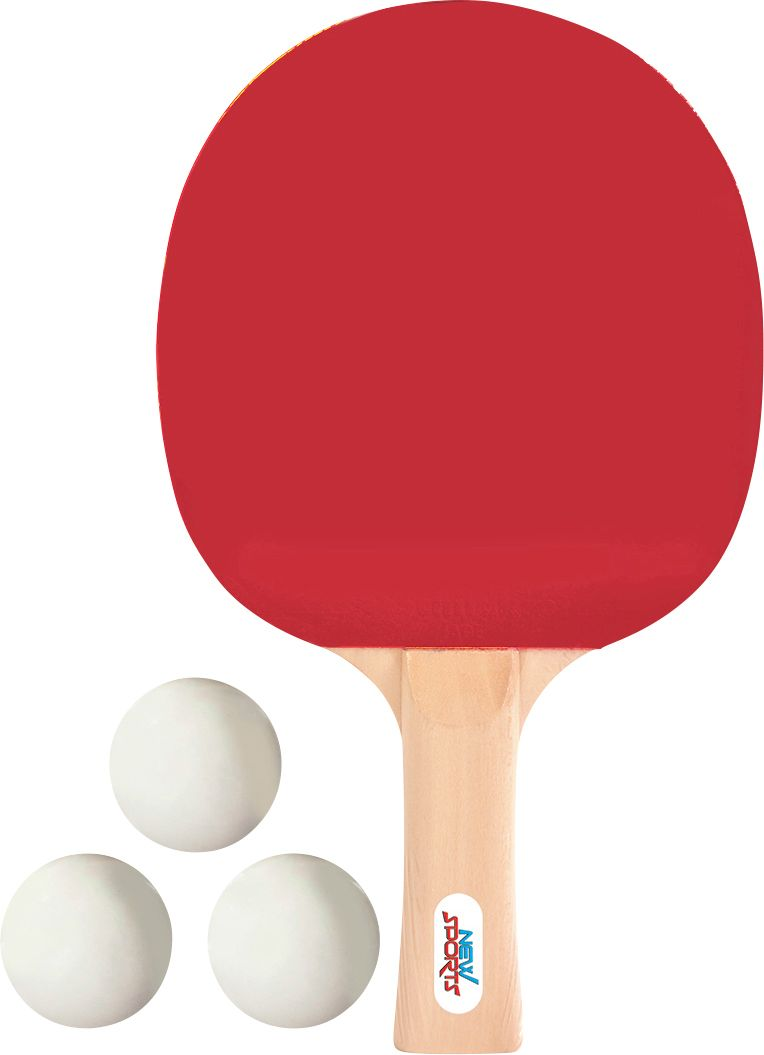 Tischtennisschläger und Bälle. Roter Schläger, drei weiße Bälle. Weißer Hintergrund.