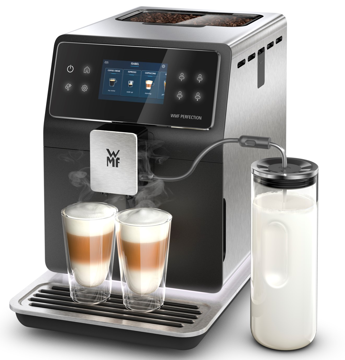 Kaffeemaschine mit zwei Latte Macchiato-Gläsern. Milchbehälter rechts. Dampfend.