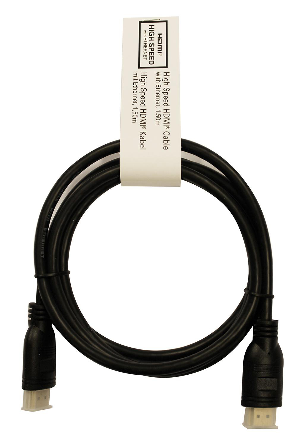 Schwarzes High-Speed HDMI-Kabel mit weißem Etikett und Anschlüssen.