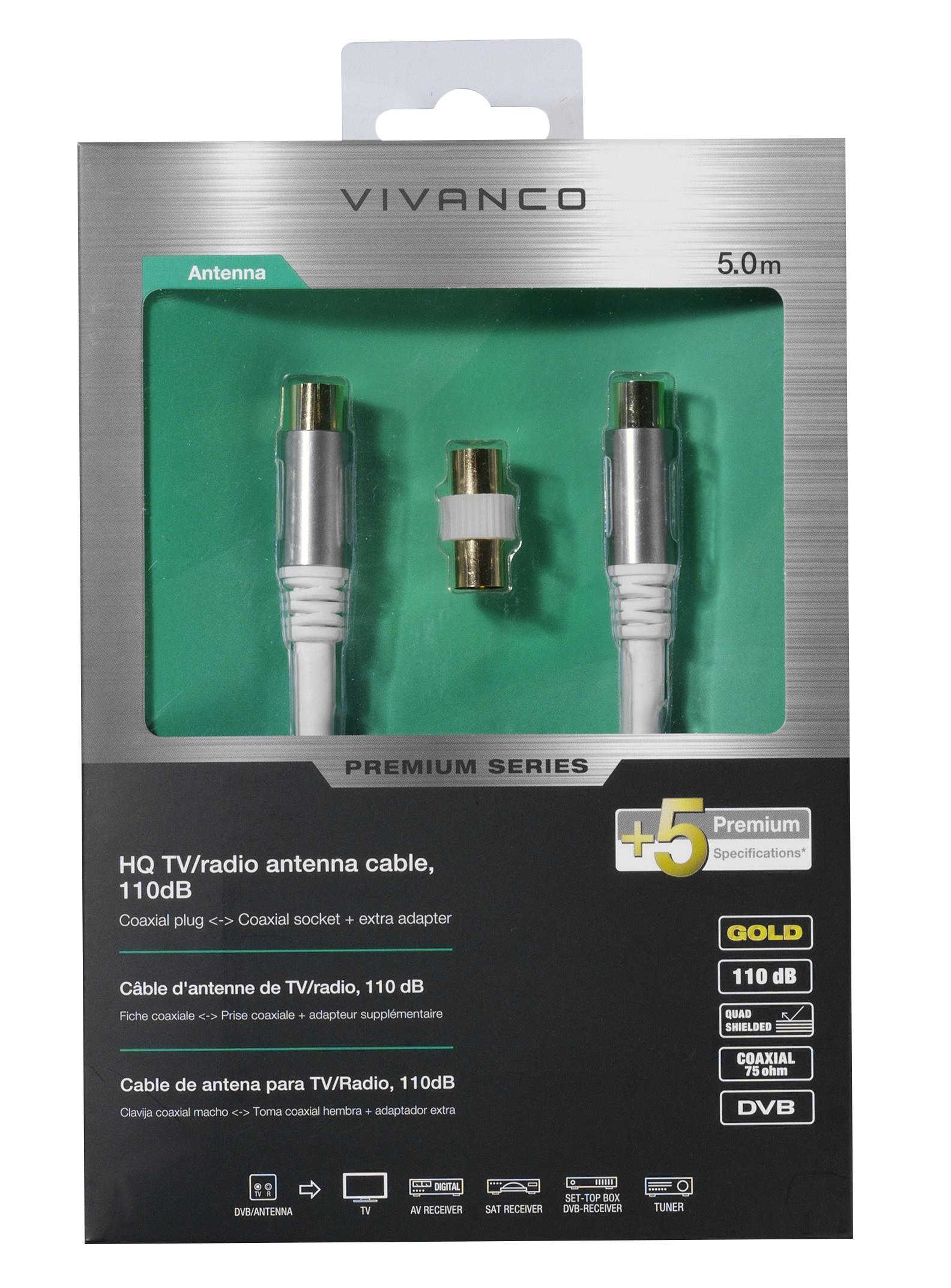 Verpackung eines TV-Antennenkabels, mit Anschlüssen und Spezifikationen, 5,0 m lang.