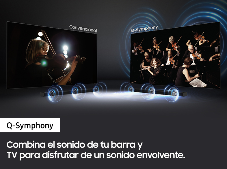 Una imagen de dos televisores, uno etiquetado como 'Convencional' y el otro como 'Q-Symphony'.