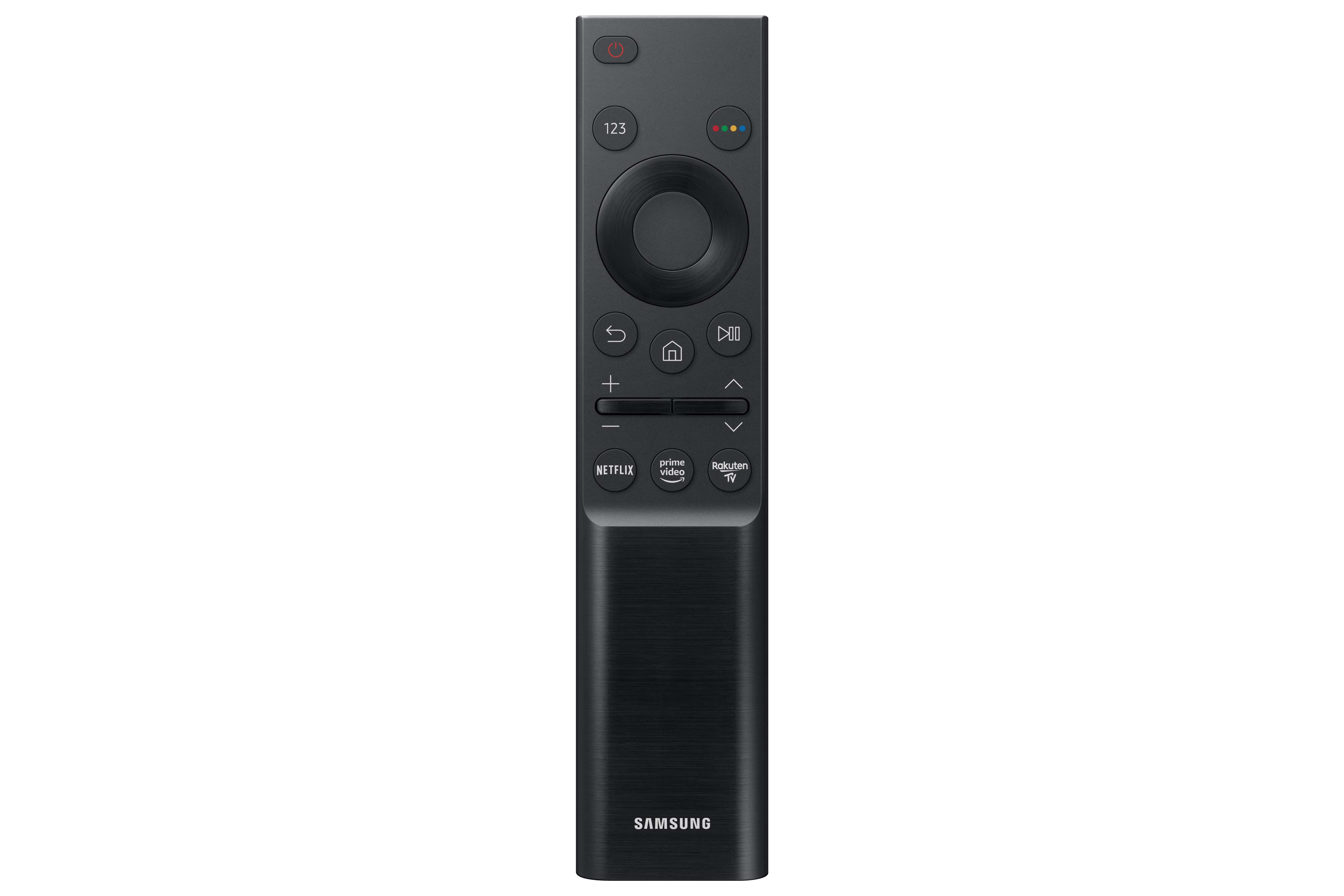 Mando a distancia negro de Samsung con botones y el logotipo de Samsung en la parte inferior.