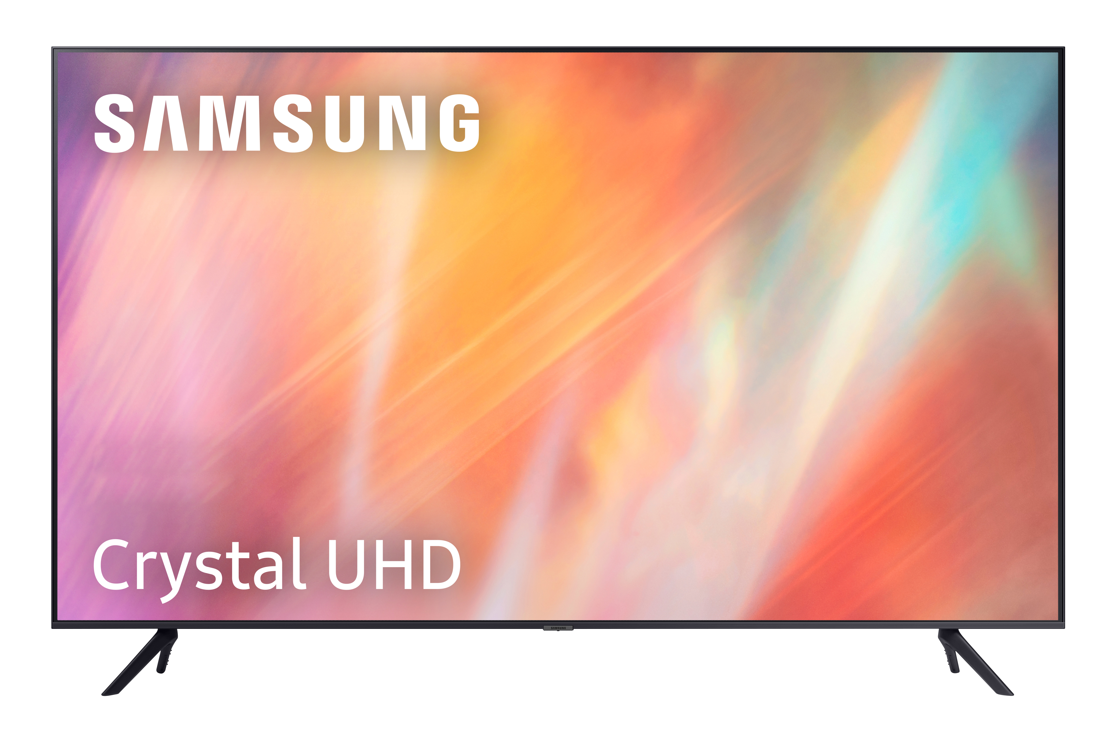 TV Samsung Crystal UHD. En un soporte negro. Muestra arte abstracto colorido. Fondo negro.