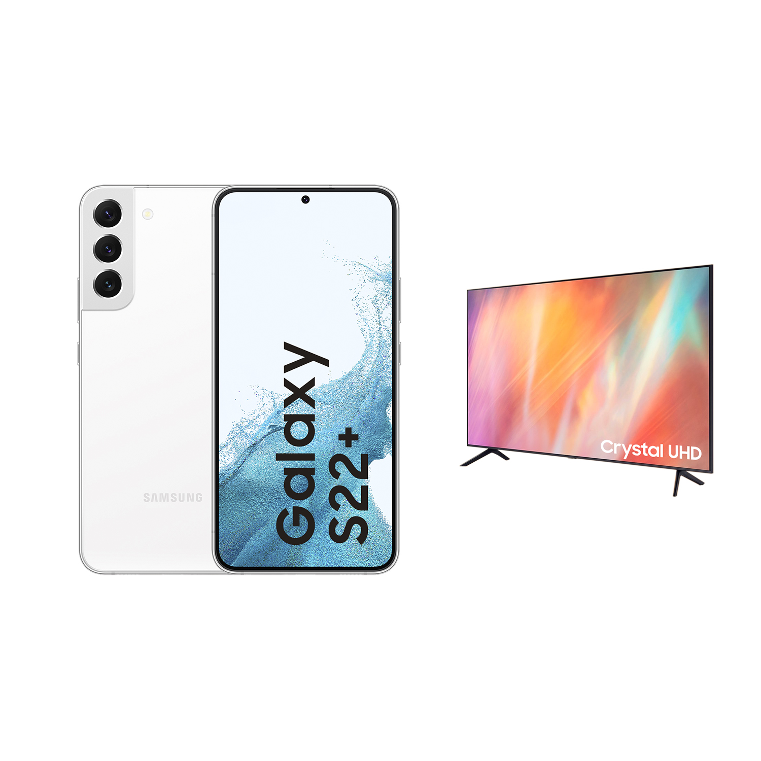 Teléfono Samsung Galaxy S22+ blanco y un televisor Samsung Crystal UHD, uno al lado del otro.
