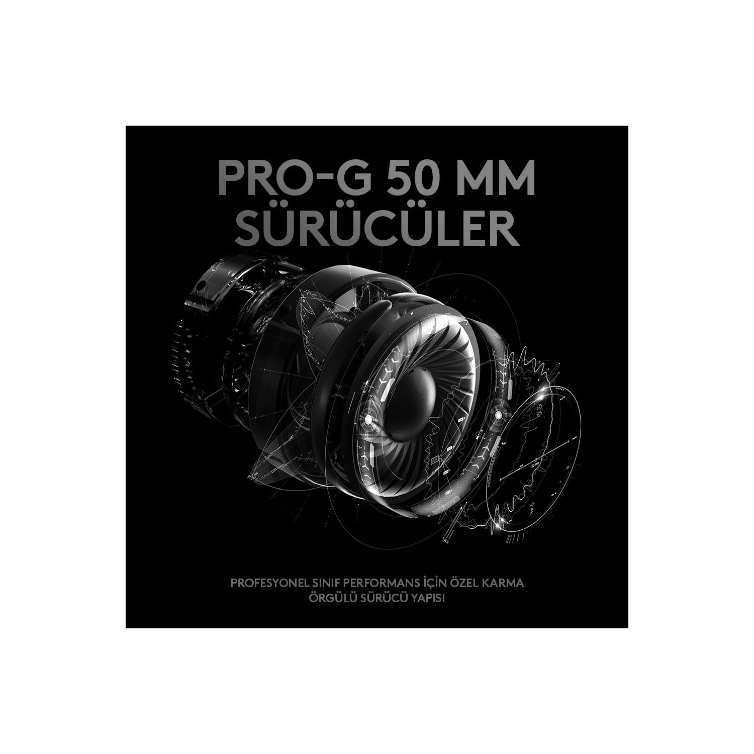 Bir kulaklık sürücüsünün siyah beyaz diyagramı. Metin: 'PRO-G 50 MM SÜRÜCÜLER'.