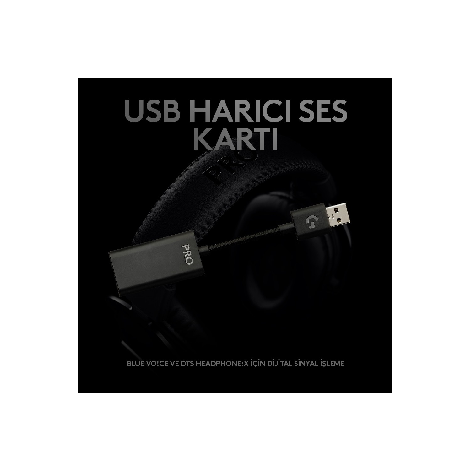USB kablosu ve kulaklıkla siyah USB harici ses kartı. Metin: USB Harici Ses Kartı.