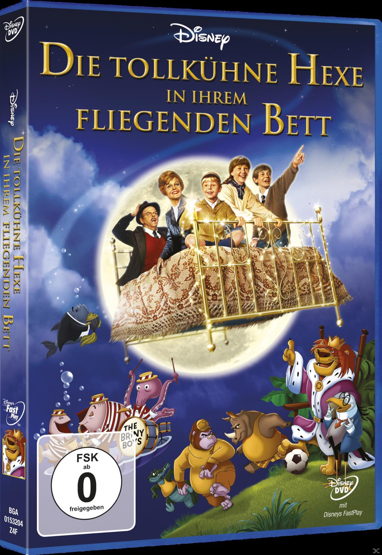DVD-Cover von 'Die tollkühne Hexe in ihrem fliegenden Bett', mit Cartoon-Charakteren.