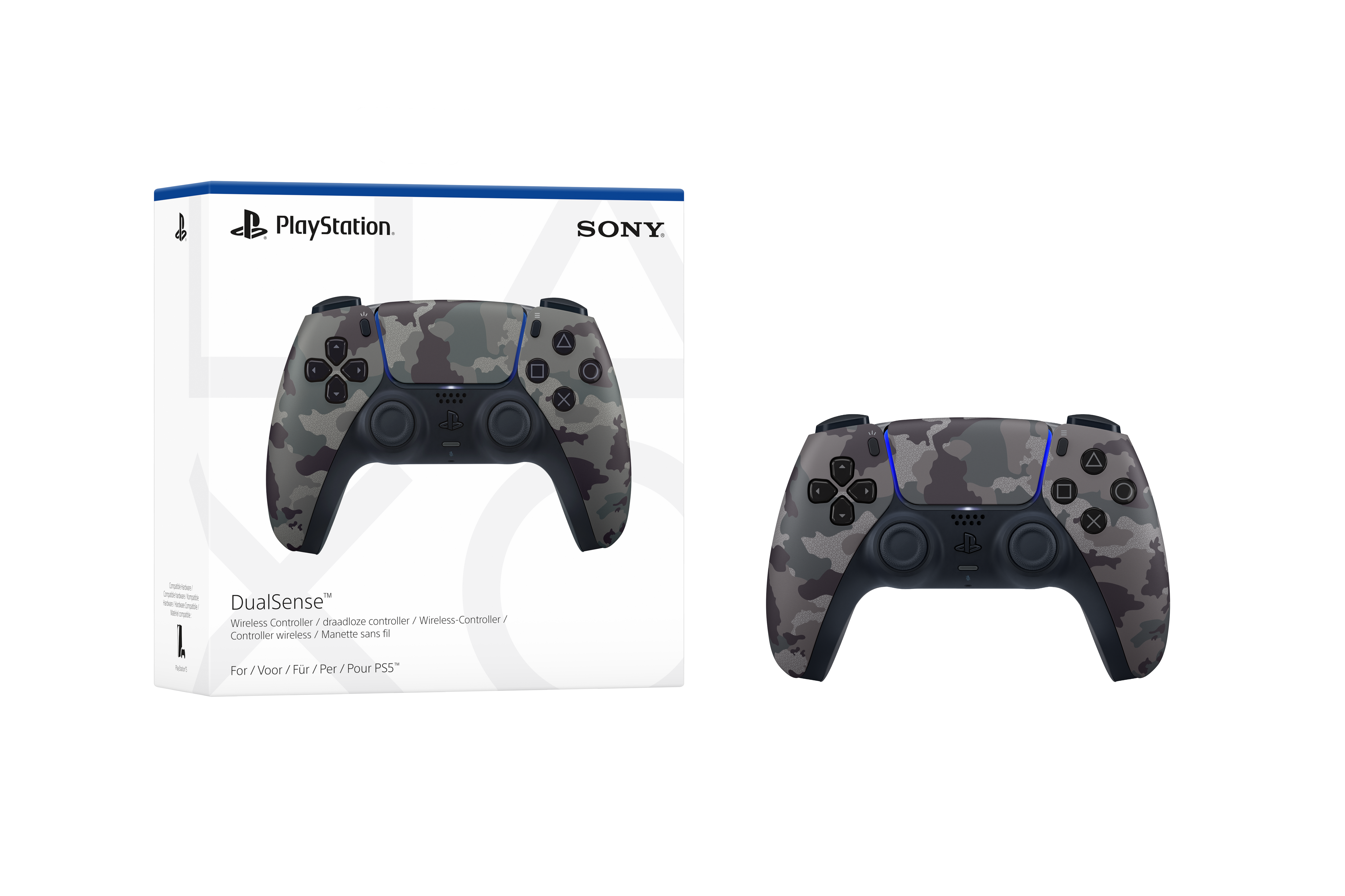Verpackter Sony PS5 DualSense Controller mit Camouflage-Design und der Controller allein.