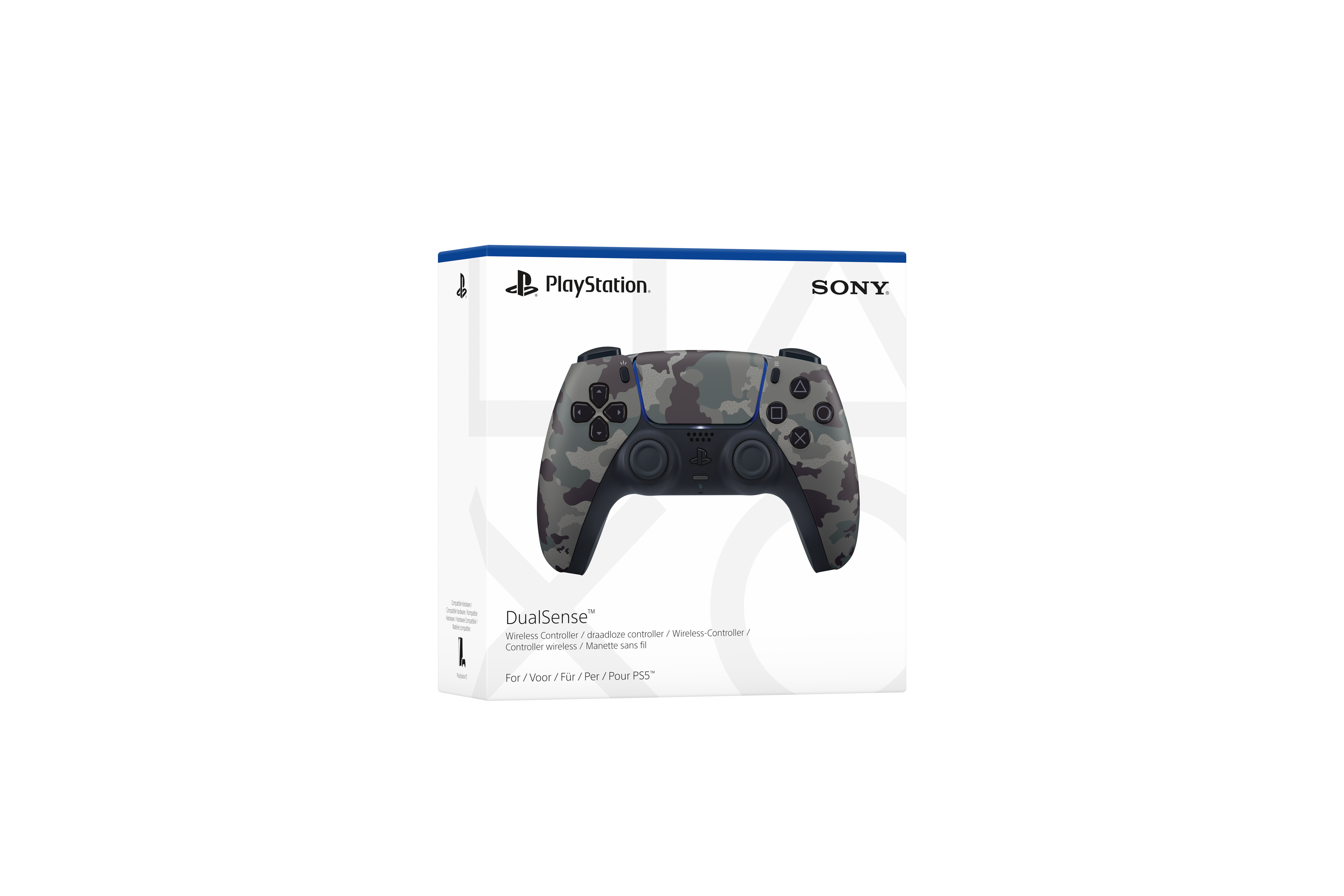 PlayStation DualSense Controller im Tarnmuster, in seiner Verpackung.
