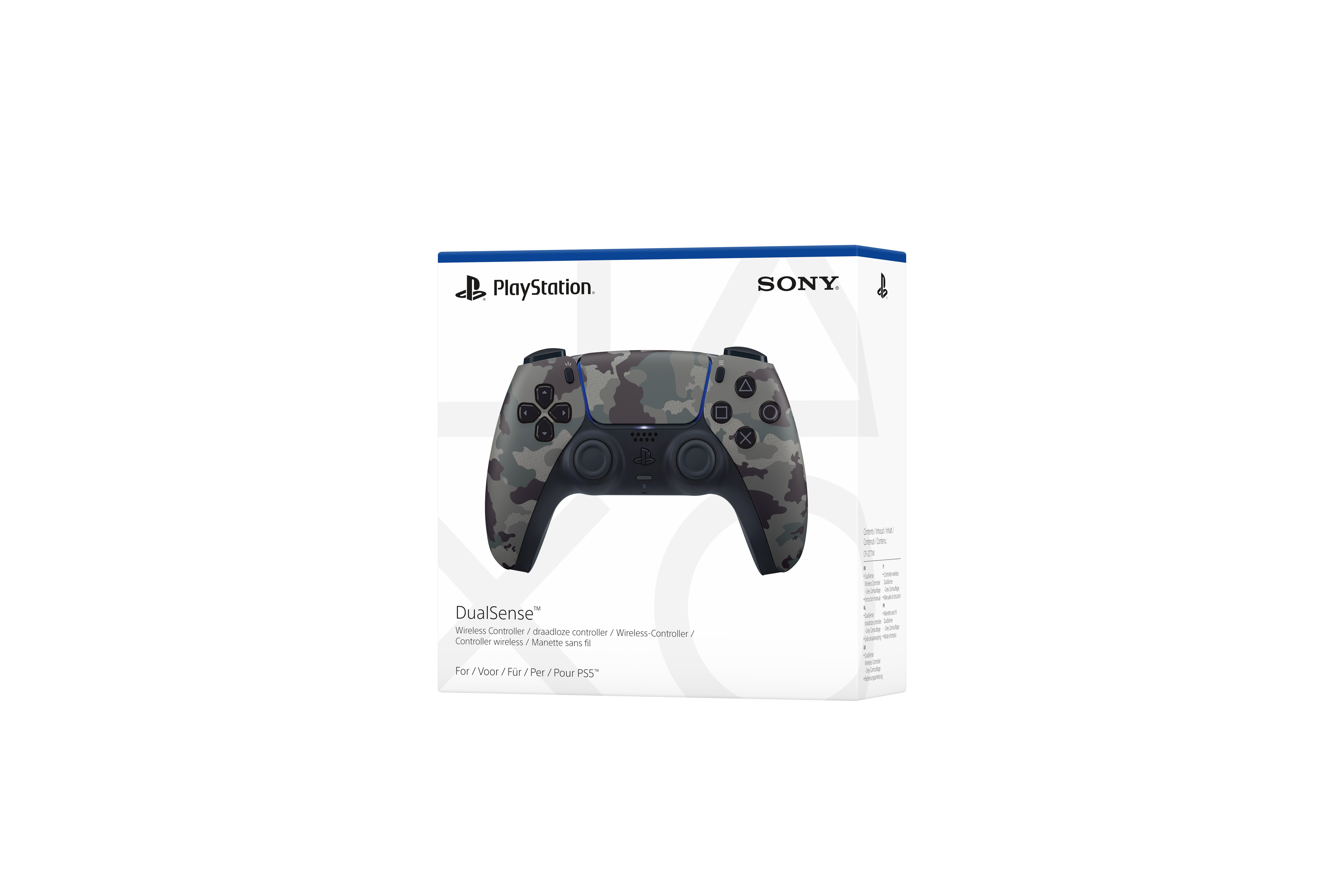 Ein PlayStation DualSense-Controller in einer Tarnmusterbox.