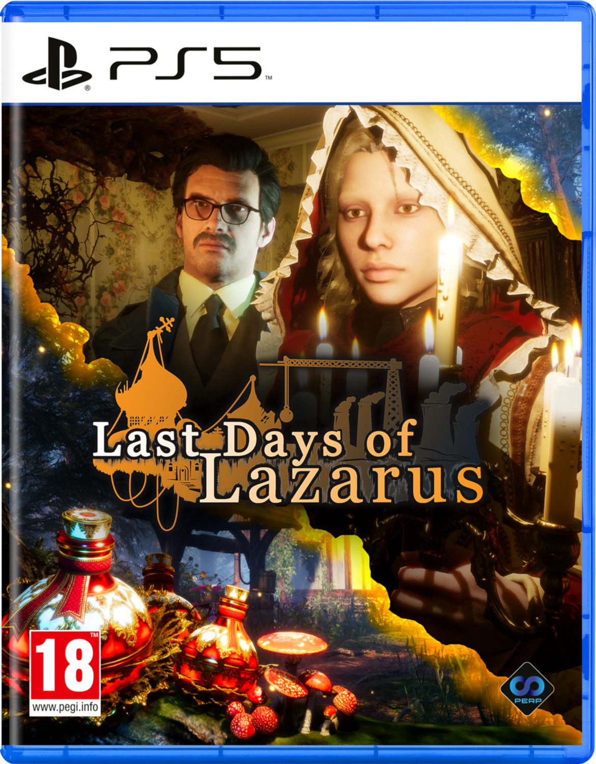 Boîte de jeu PS5 pour 'Last Days of Lazarus', avec un homme et une femme avec des bougies et des bouteilles.