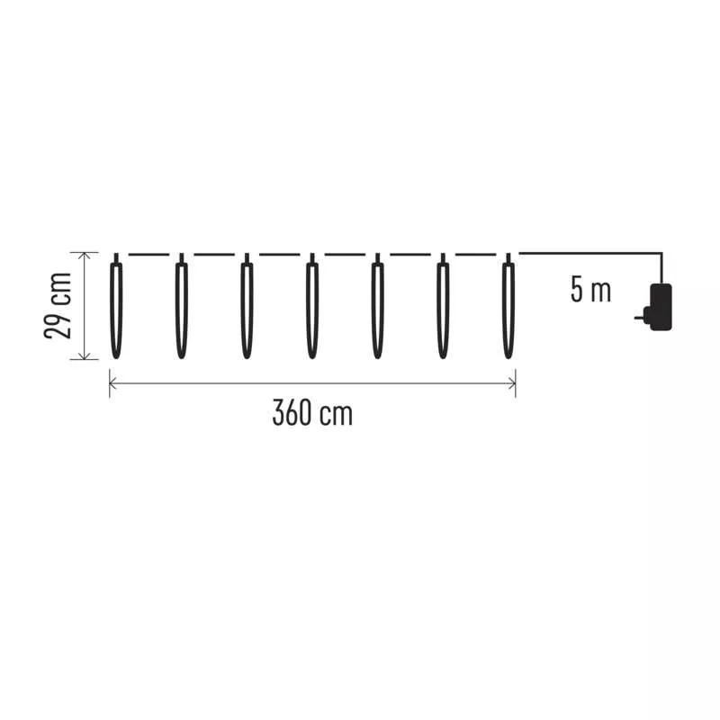 Füzérfény 8 izzóval, fekete kábellel. Teljes hossza 360 cm, 29 cm-re egymástól.
