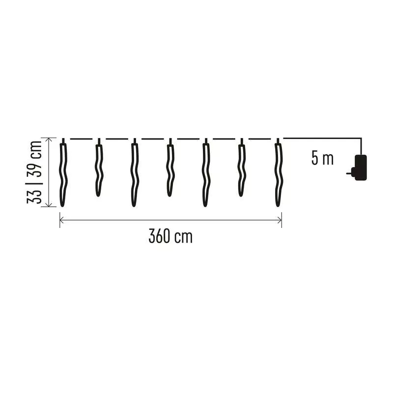 Egy füzérfény, 360 cm hosszúságú és 5 m-es kábellel. 7 lámpa látható.