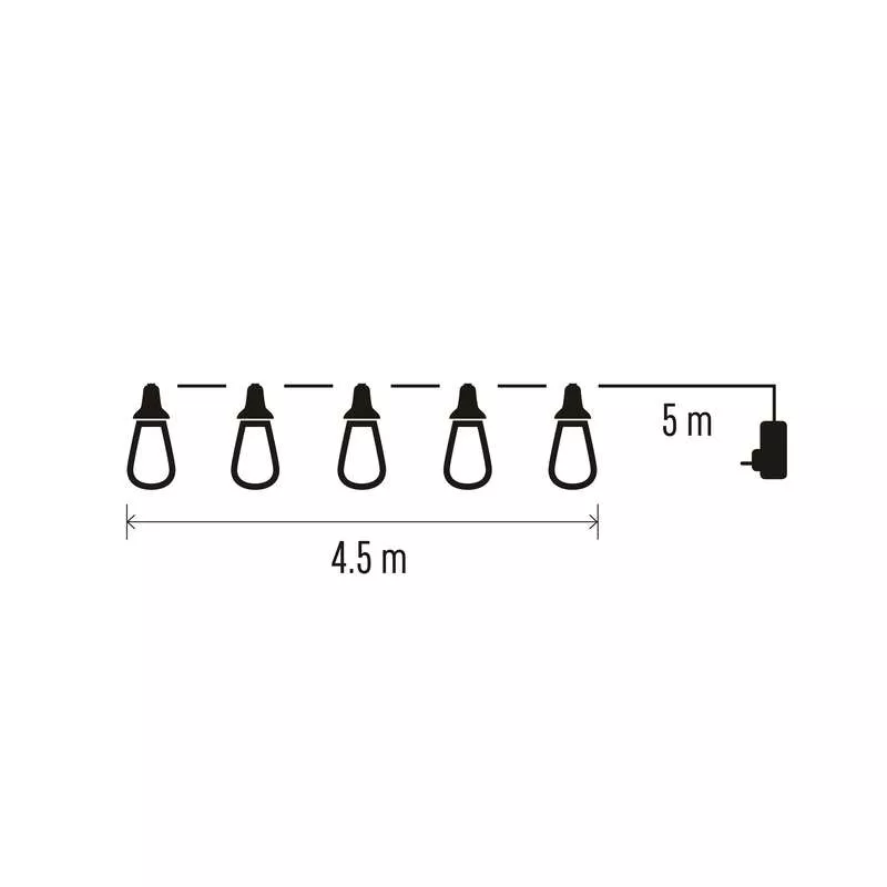 Hat csepp alakú lámpa, 4,5 m-re egymástól. A teljes hossz 5 m. Jobbra egy dugó.