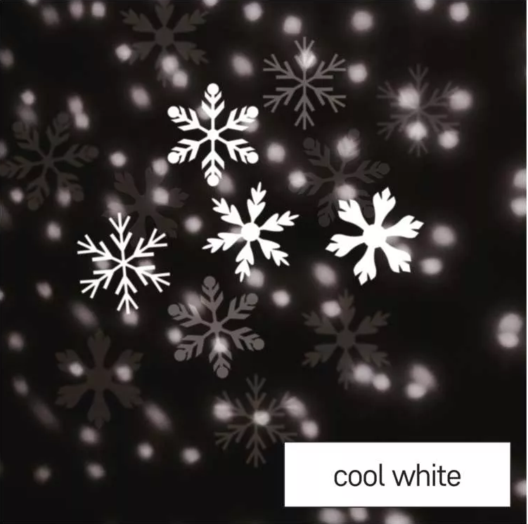 Fehér hópelyhek hideg fehér effekttel fekete háttéren, 'cool white' felirattal.