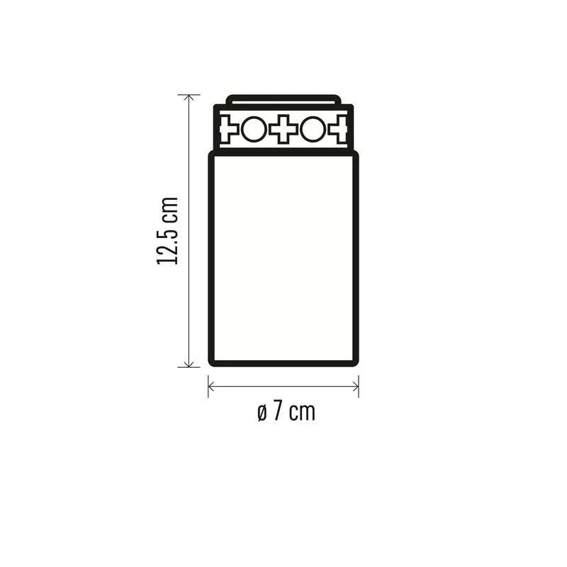 Egy fehér gyertya diagramja, méretekkel: 12,5 cm magas, 7 cm átmérőjű.