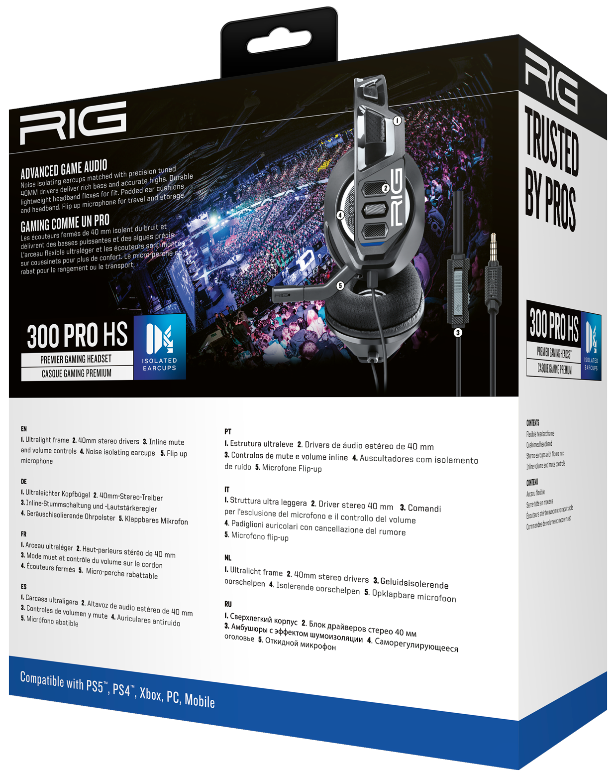 Eine Box mit einem Headset. Es hat Text und ein Bild eines Gaming-Setups auf der Box. Der Hintergrund ist weiß.