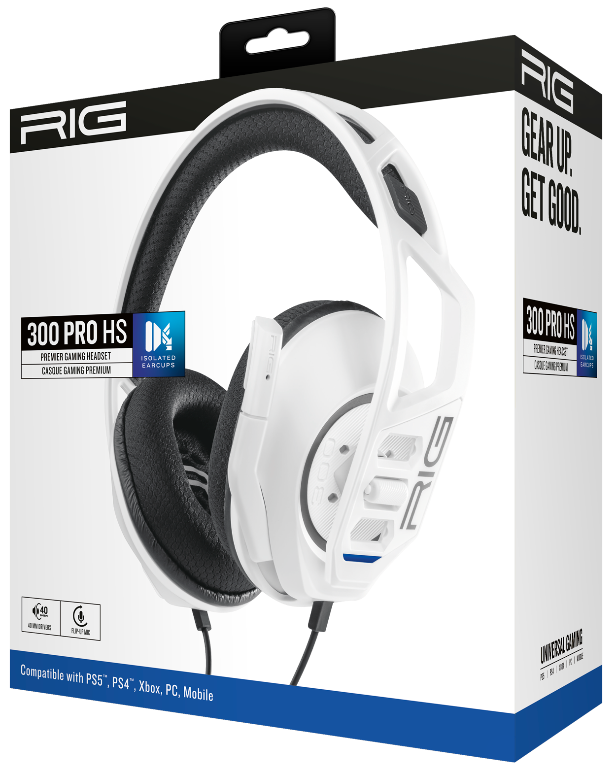 Weißes Gaming-Headset auf einer Box. Schwarze Details. Text: 300 PRO HS.