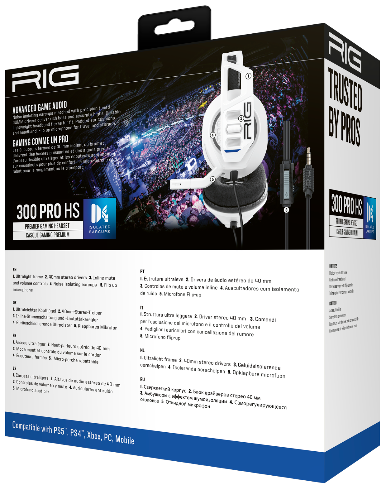 Weiße und schwarze RIG 300 PRO HS Gaming-Kopfhörer auf der Box.