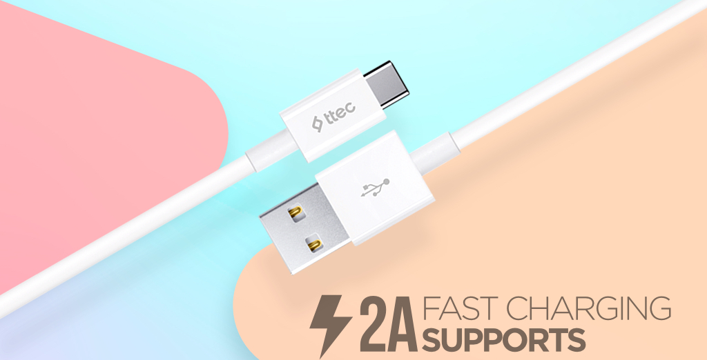 Fehér USB-C – USB-A töltőkábel 'ttec' és '2A Fast Charging Supports' felirattal.