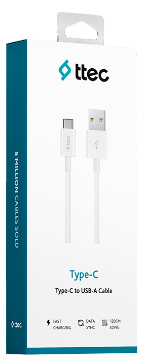 Egy fehér doboz, benne egy fehér Type-C - USB-A kábellel. A ttec logó látható. A szöveg gyorstöltést és adatszinkronizálást jelez.