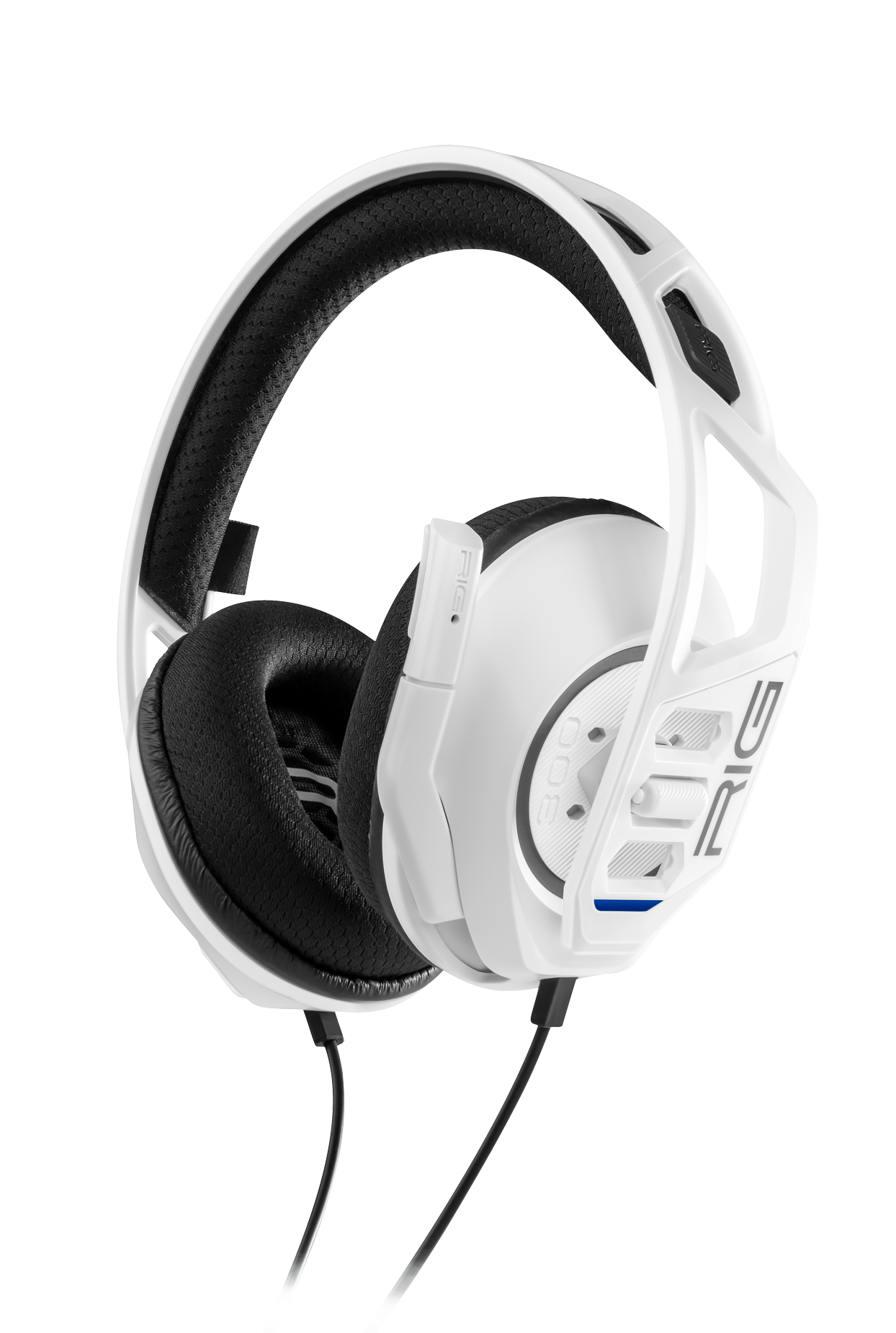 Weiß-schwarzer Gaming-Kopfhörer. Der Kopfhörer ist Over-Ear mit Mikrofon.