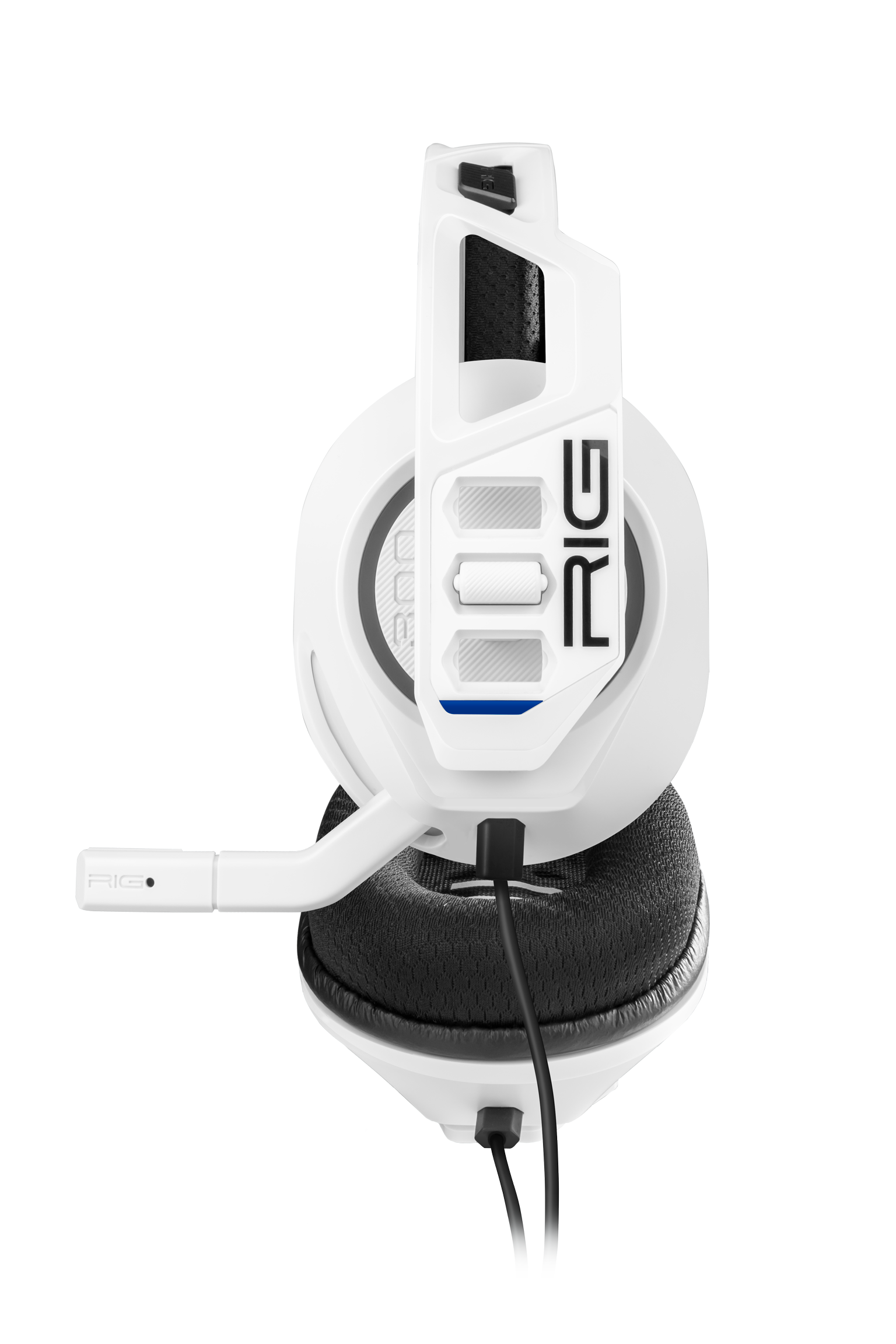 Ein weißes Gaming-Headset mit Mikrofon, schwarzen Ohrpolstern und dem RIG-Logo.