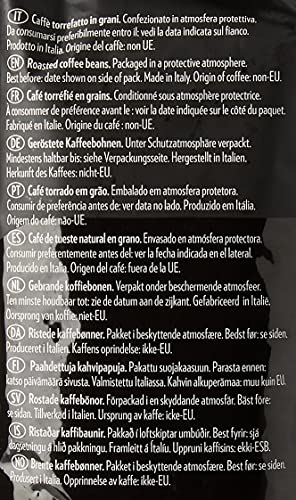Texto en un paquete de granos de café tostados, incluye texto en varios idiomas.