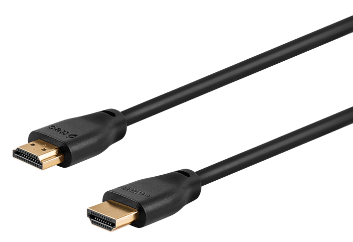 Fekete HDMI kábel csatlakozókkal mindkét végén, fekete háttér előtt.