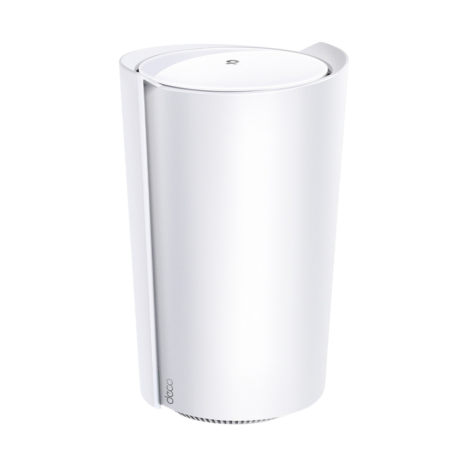 Een witte router met een cilindrisch ontwerp. Hij heeft een strakke, moderne uitstraling met een logo bovenop.