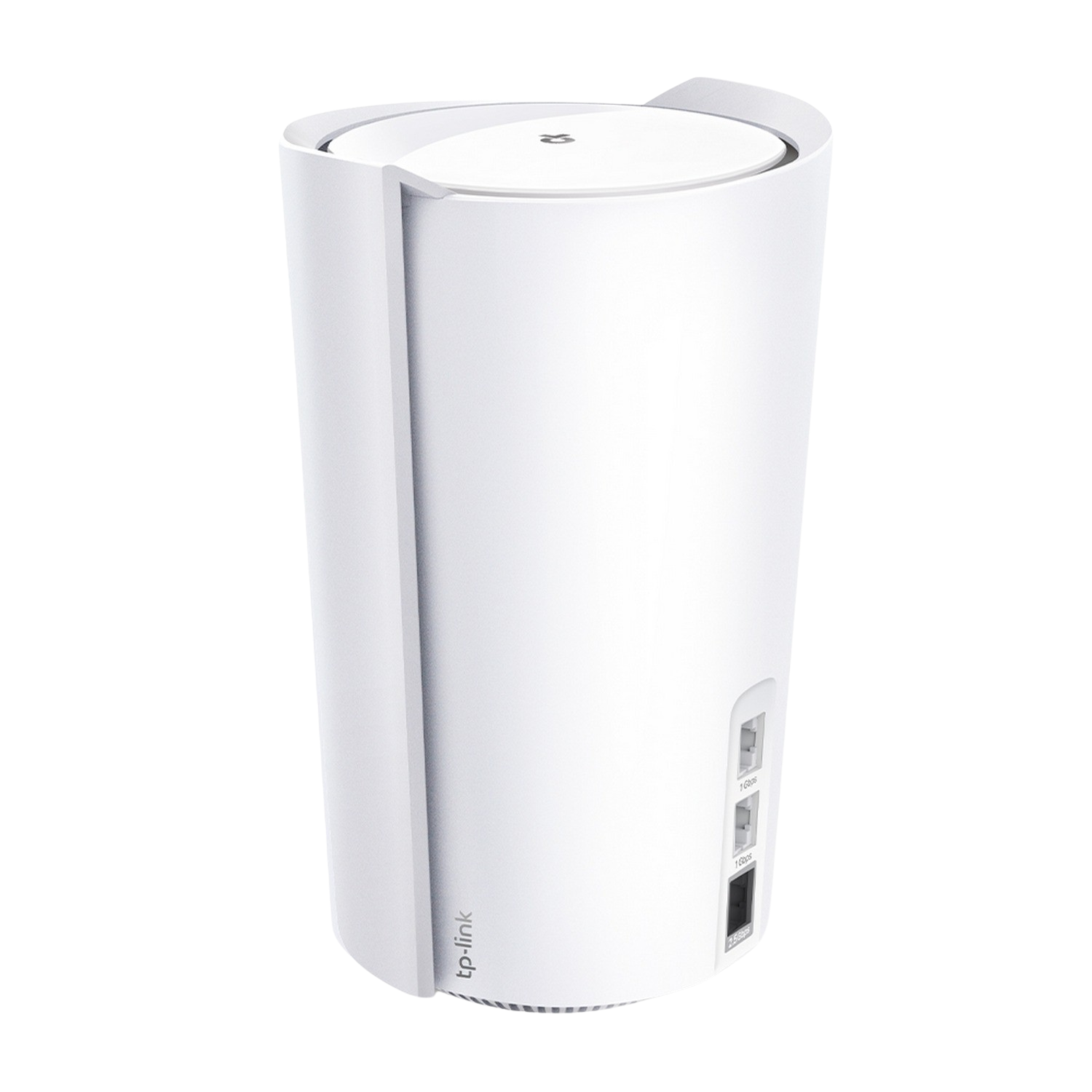 Een witte TP-Link Wi-Fi-router met meerdere poorten aan de achterkant en een zwart oppervlak.