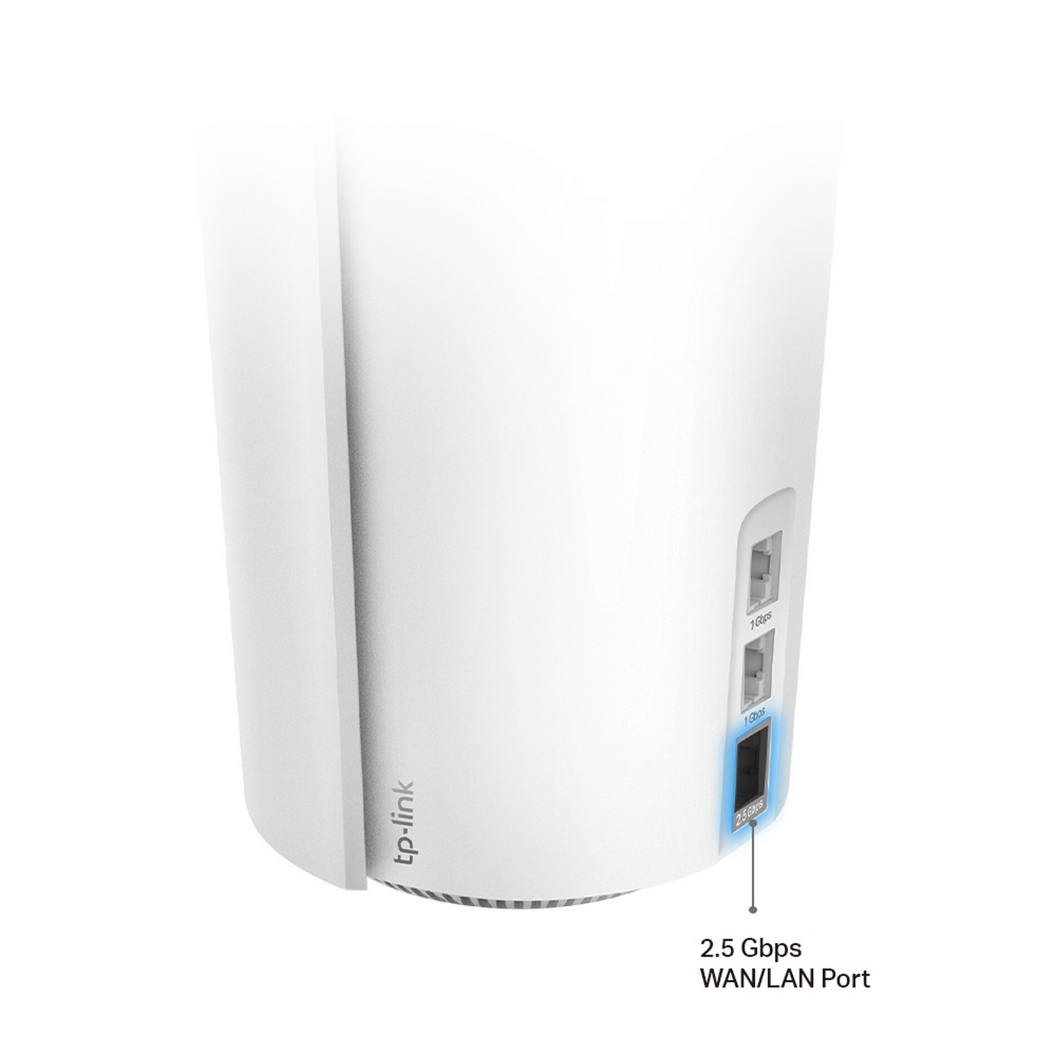 Witte router met een zwarte poort. De woorden tp-link zijn zichtbaar op het apparaat.