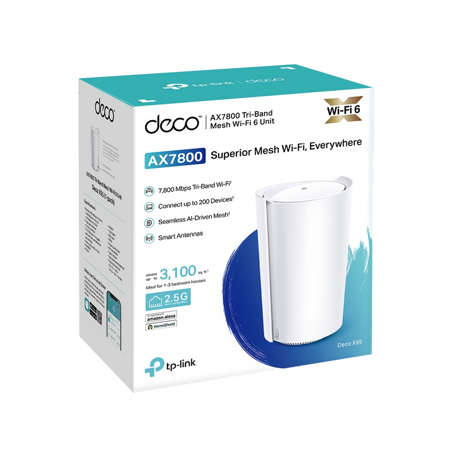 Witte Wi-Fi routerdoos. Tekst: 'AX7800 Tri-Band Mesh Wi-Fi 6 Unit'.