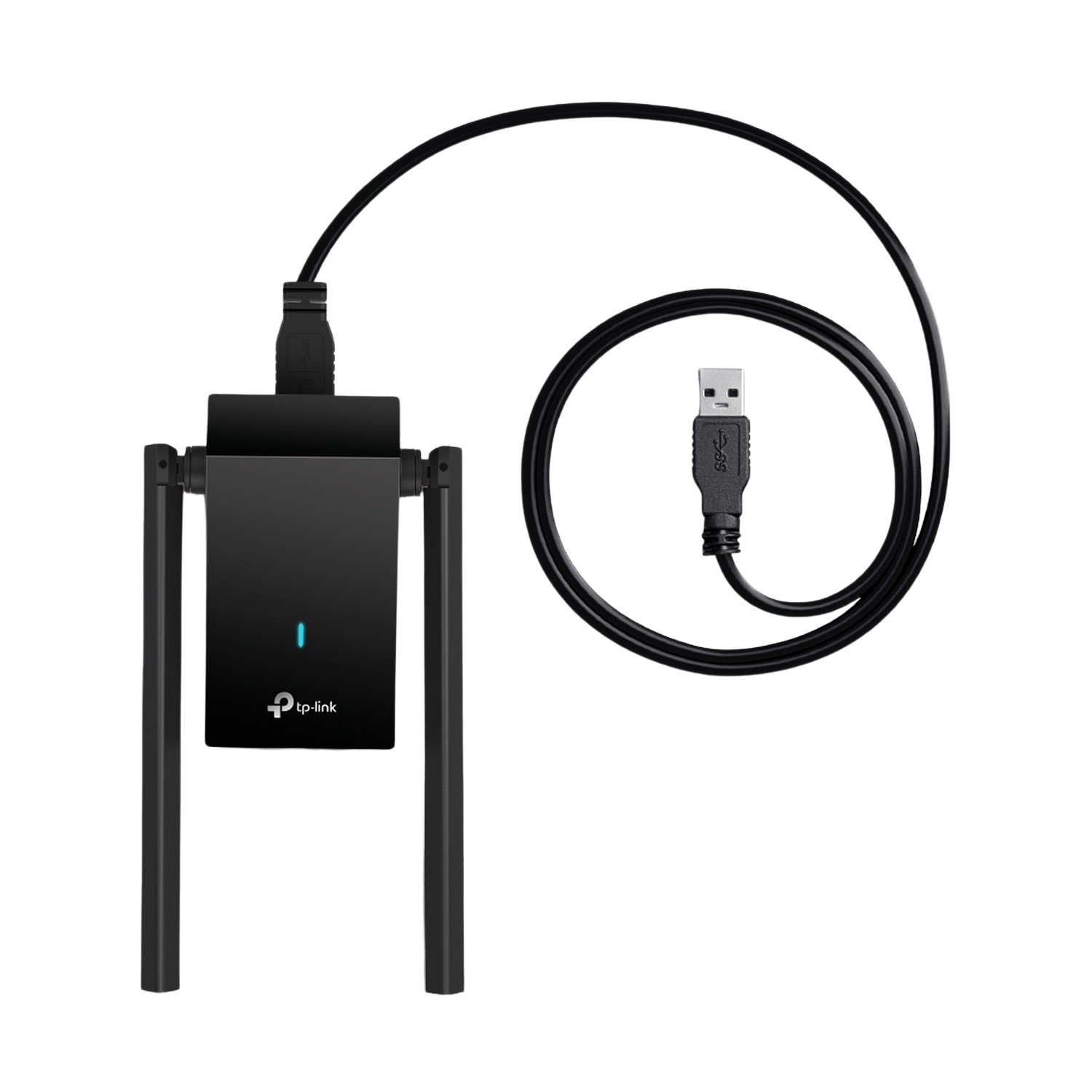 Black TP-Link Wi-Fi adapter with antennas and a USB cable connected to a black surface.