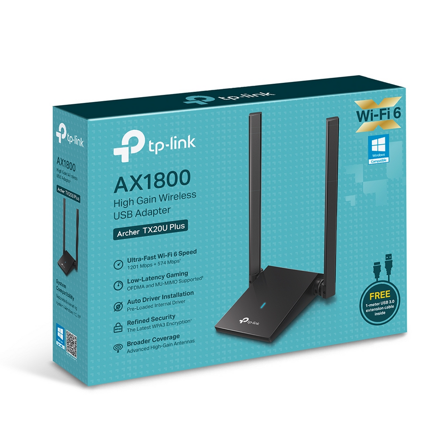 A TP-Link AX1800 Wi-Fi 6 USB adapter box, with product details and features.
