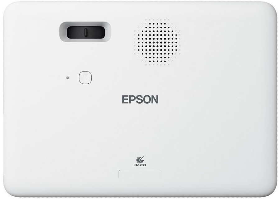 Fehér Epson projektor, felülnézet. Van egy lencséje, hangszóró rácsa és az Epson logója.