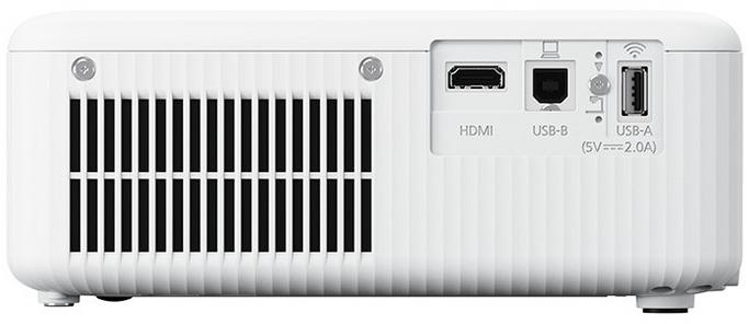 Egy fehér projektor hátulja portokkal: HDMI, USB-B és USB-A. Egy szellőző is.